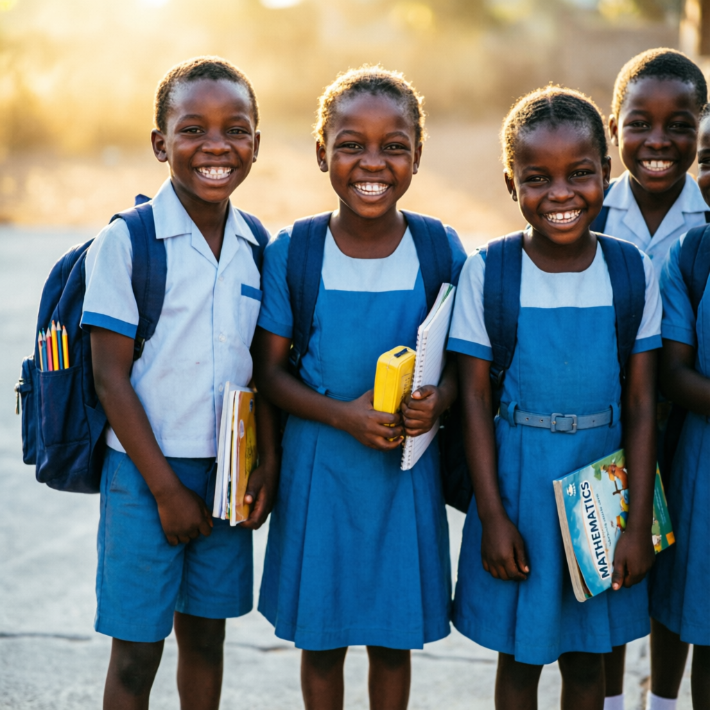 Enfants africains souriants avec fournitures scolaires